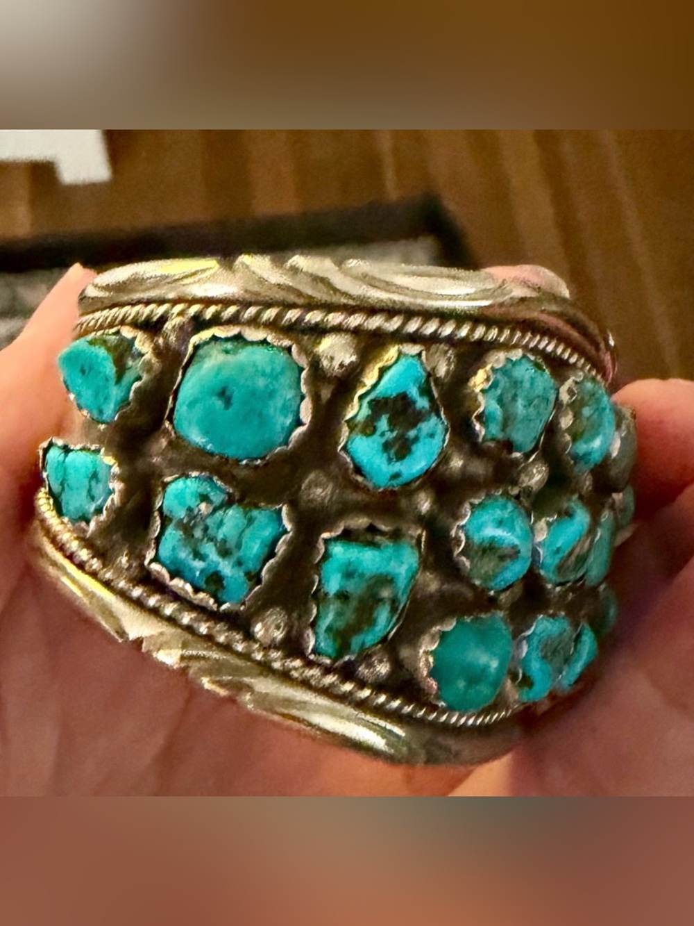 Massive Vintage Navajo Nugget Turquoise Sterling Silver Cuff Bracelet 66 Grams - Picture 5 of 9